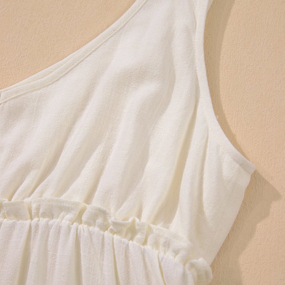 B283 Oatmeal Solid Color Tie Strap Ruffle Tiered Mini Dress - Picture 15 of 15